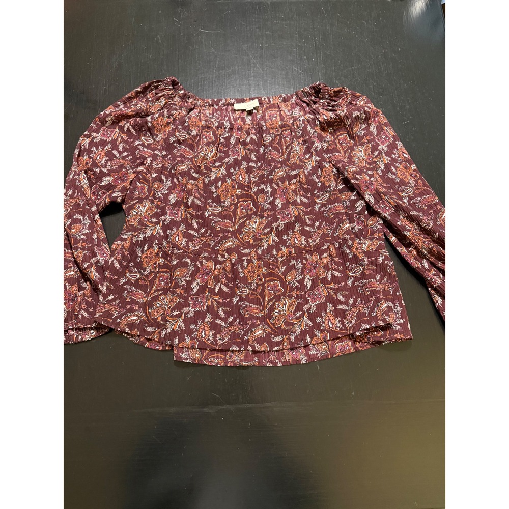 LOFT Women XL Burgundy Floral Paisley Peplum Blouse Long Sleeve Crinkle Top
